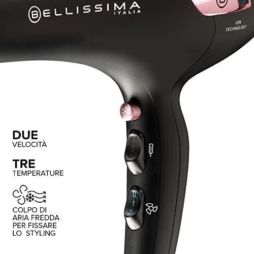 Bellissima 11858 P7 3200 Asciugacapelli 2100 W Ionizzatore Motore AC 2 Velocita' 3 Temperature Diffusore Ricci Custodia da Viaggio colore Nero Rosa