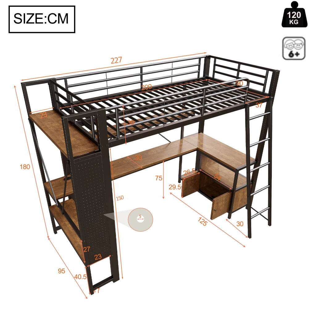 Letto a soppalco 90x200 cm con scrivania, LED, ripiani e USB