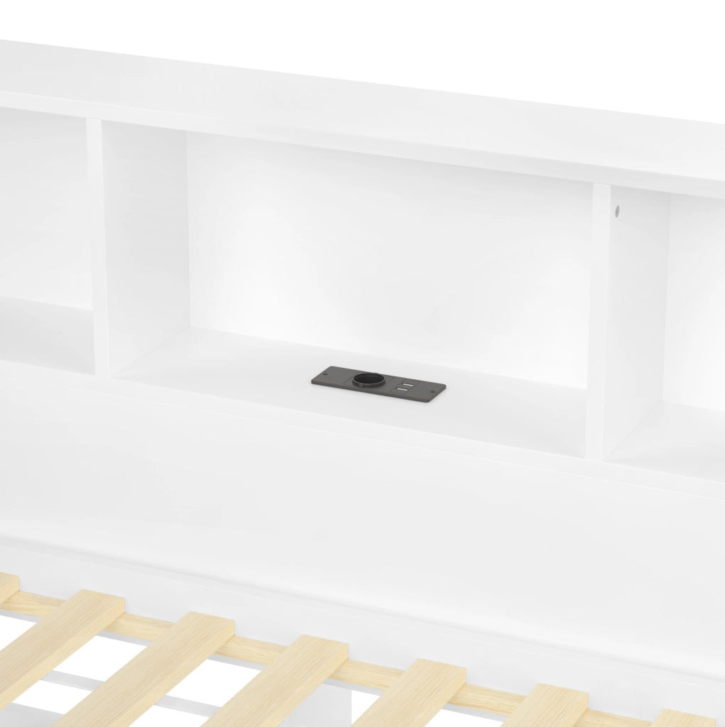 Letto daybed estraibile in pino bianco con LED, USB e ripiani laterali