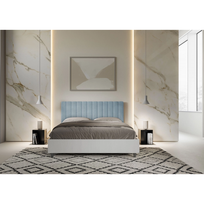 Letto Matrimoniale 160x200 cm struttura bianco frassino testata Kaia - Con rete,Microfibra,Azzurro