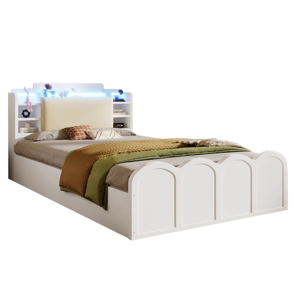 Letto Contenitore con LED e USB ¨C MINIMAL ¨C 90x200, Bianco, Idraulico