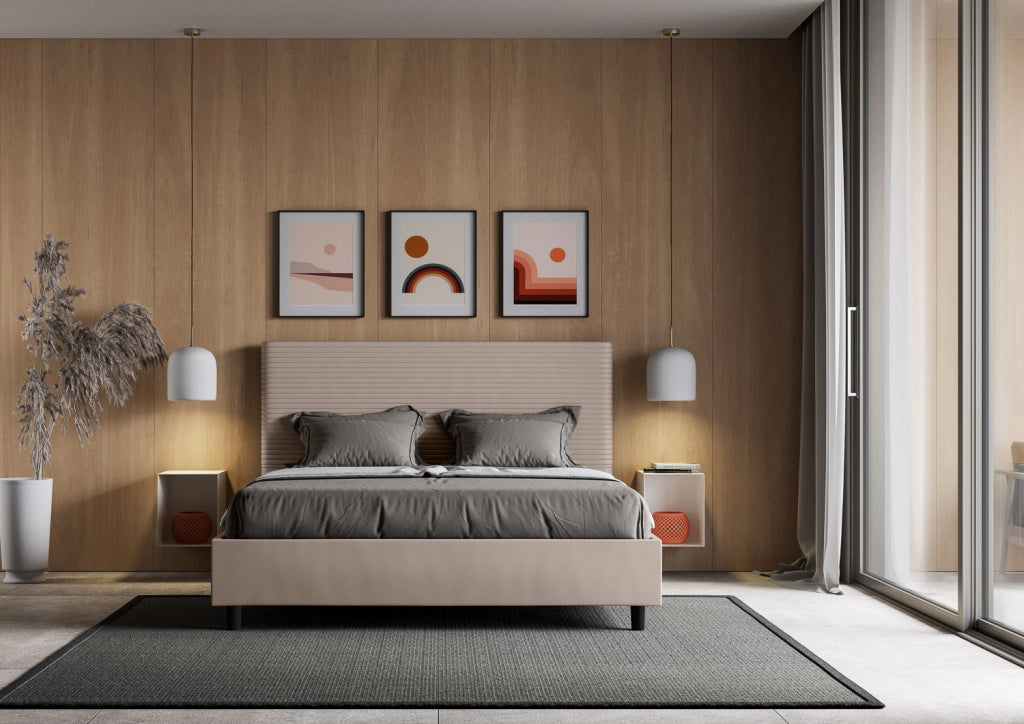 BS COM Letto matrimoniale francese senza rete imbottito 140x200 similpelle tortora