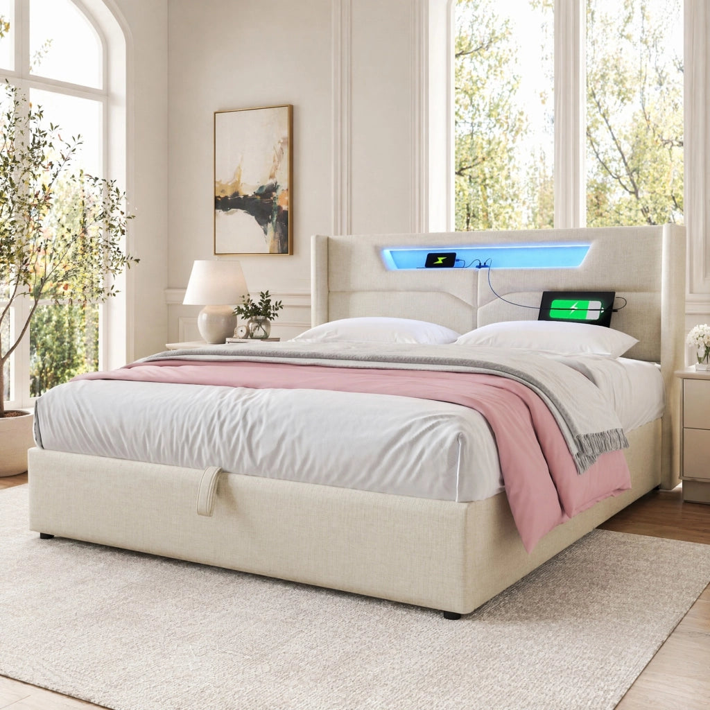 LETTO Matrimoniale LED 160x200 cm in lino beige USB Type C
