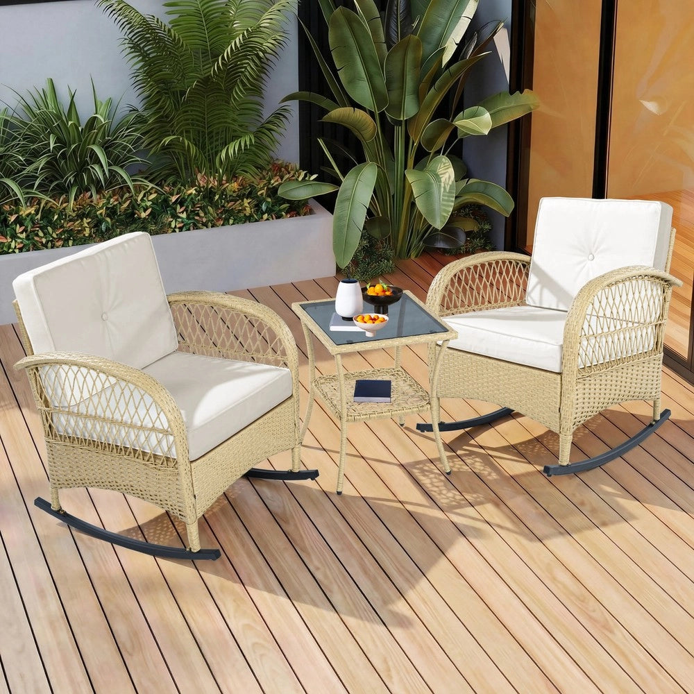 Set da balcone in rattan - Zephmum- 3 pezzi con dondolo e cuscini beige, portata 160 kg