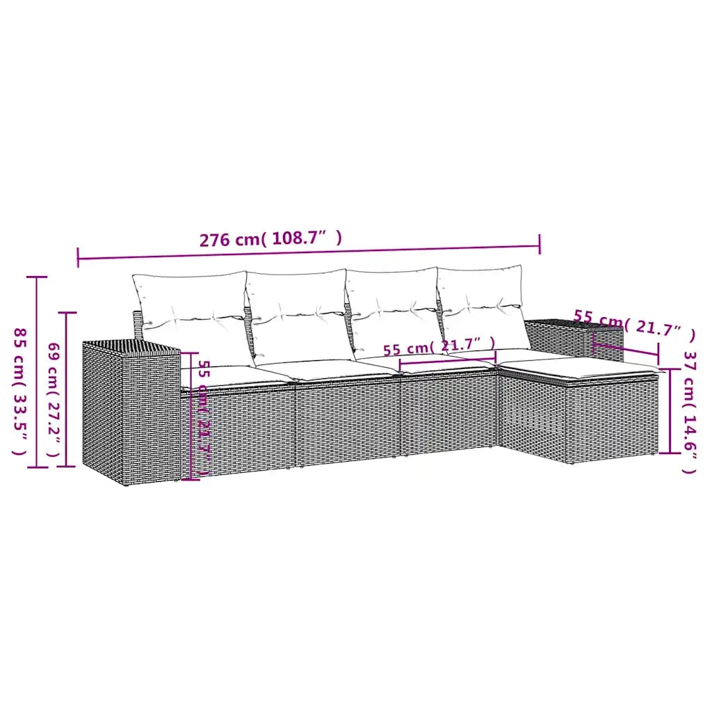 Set Divano da Giardino 5pz con Cuscini Grigio Chiaro Polyrattan