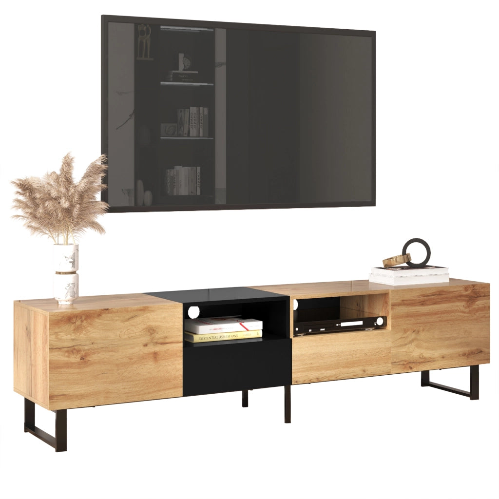 Supporto TV moderno - Zephmum - Design nero e legno, robusto, ampio spazio