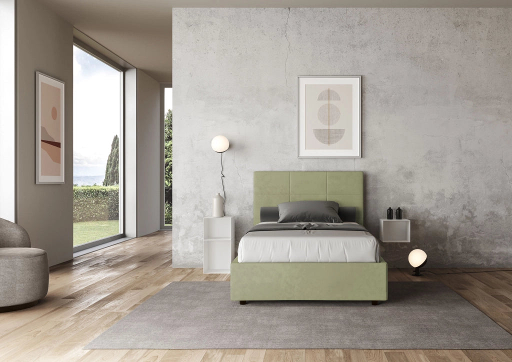 BS COM Letto una piazza e mezza con rete imbottito 120x210 microfibra tè verde