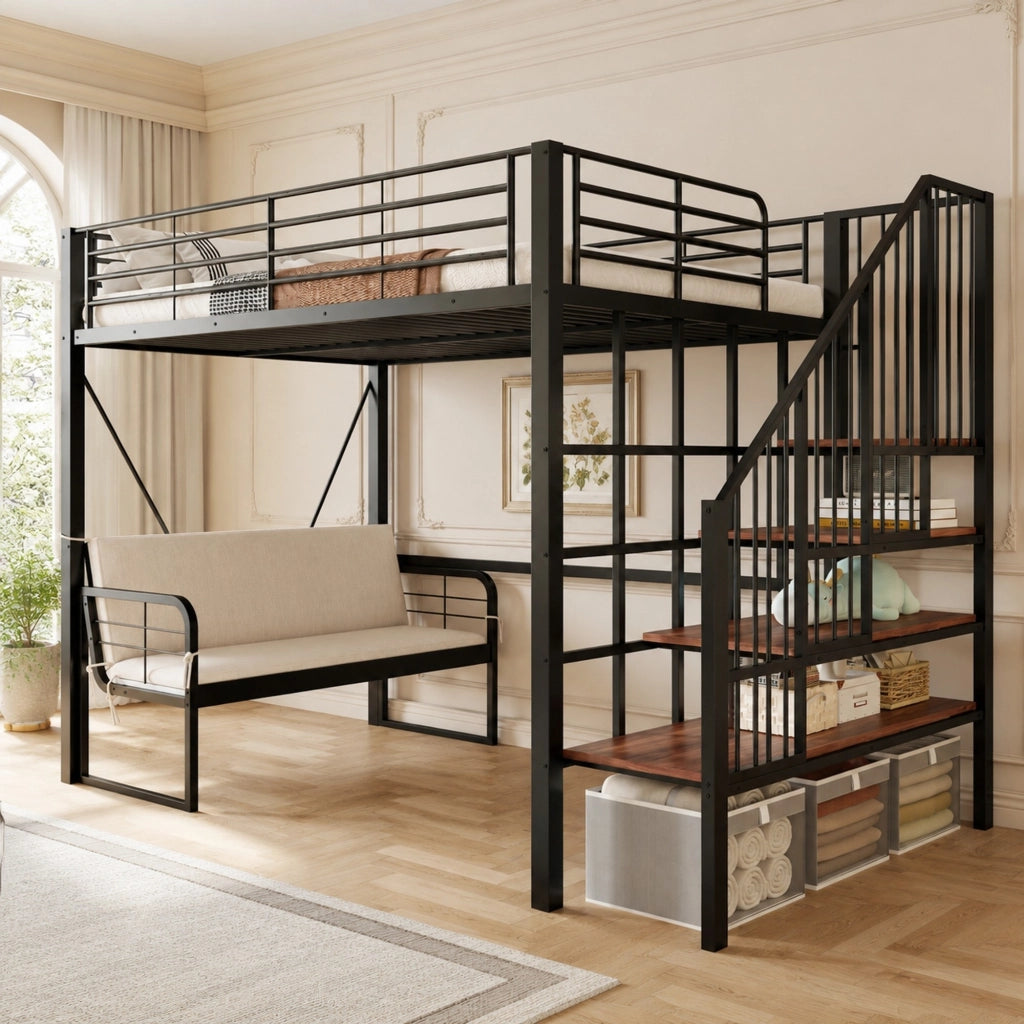 LETTO A CASTELLO 140x200 cm in metallo nero con divano e scala contenitore