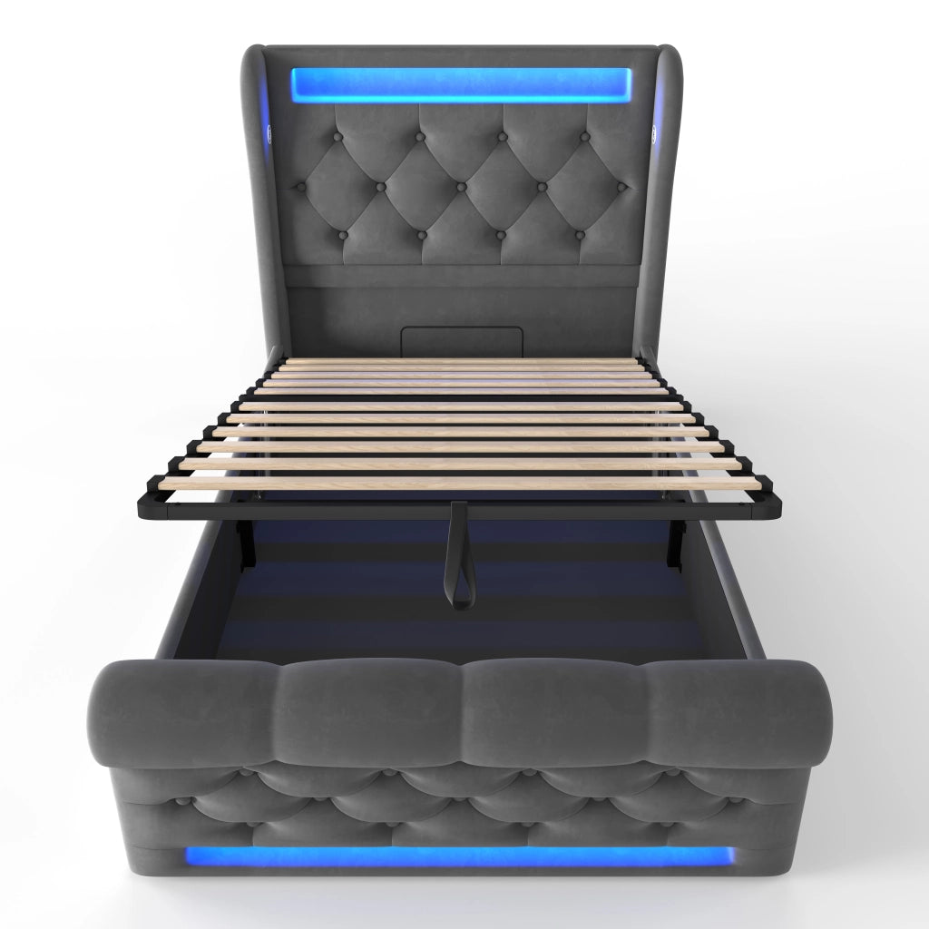 Letto singolo contenitore 90 × 200 cm in velluto grigio con LED porte USB e Type-C