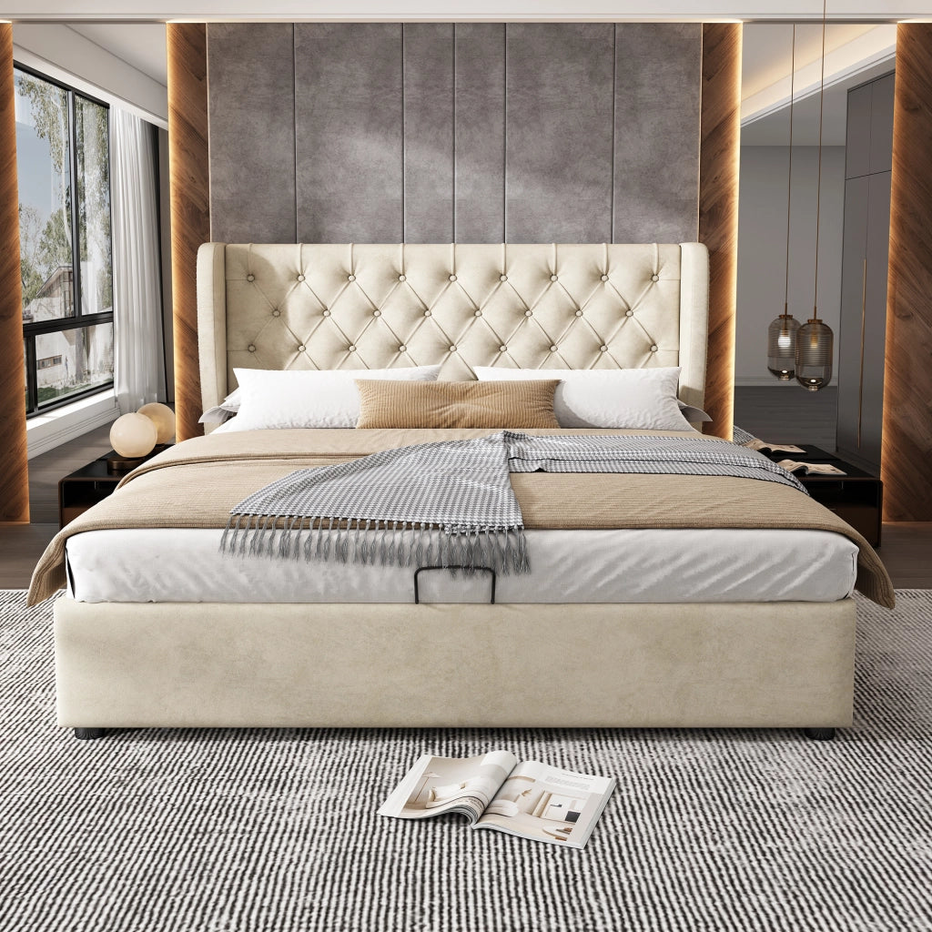 letto imbottito velluto beige 180 x 207 cm
