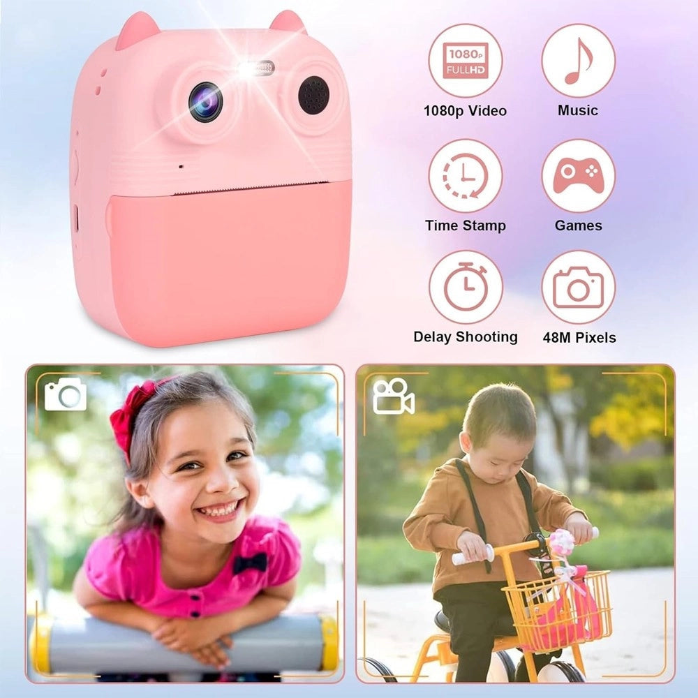 Trade Shop - Fotocamera Istantanea Bambini Digitale Hd 1080p 4 Rotoli Scheda Sd Doppia Lente -