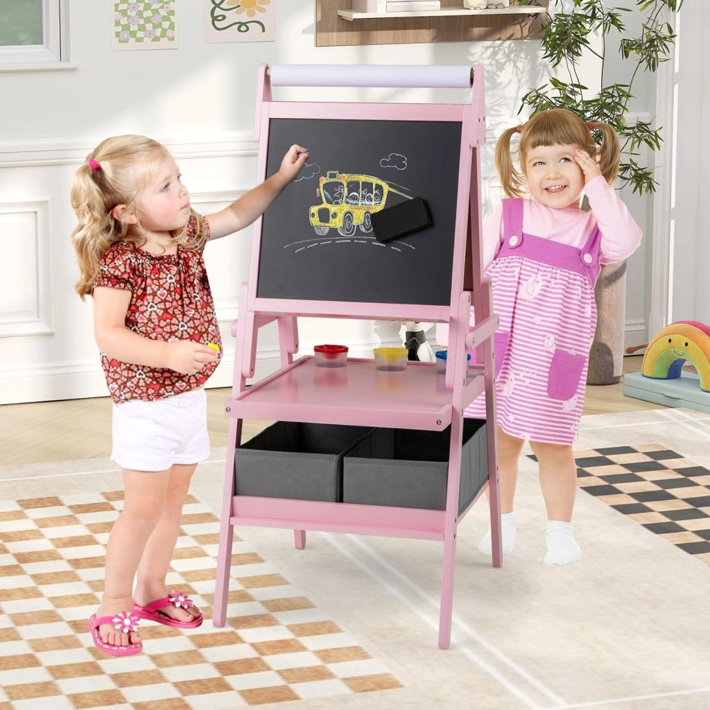 3 in 1 Cavalletto per Bambini, Cavalletto con Doppia Faccia Magnetica e Lavagna Bianca, Rotolo di Carta, 3 Bicchieri per Vernice e 2 Ceste in Tessuto, per Bambini 3-6 Anni (Rosa)