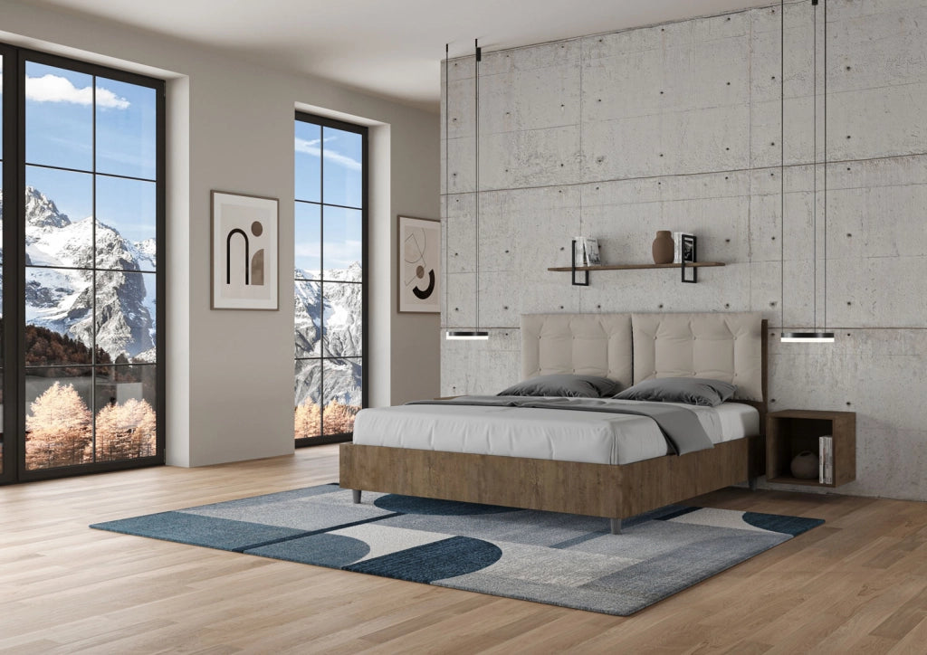 BS COM Letto matrimoniale con rete 160x200 noce cuscini similpelle tortora