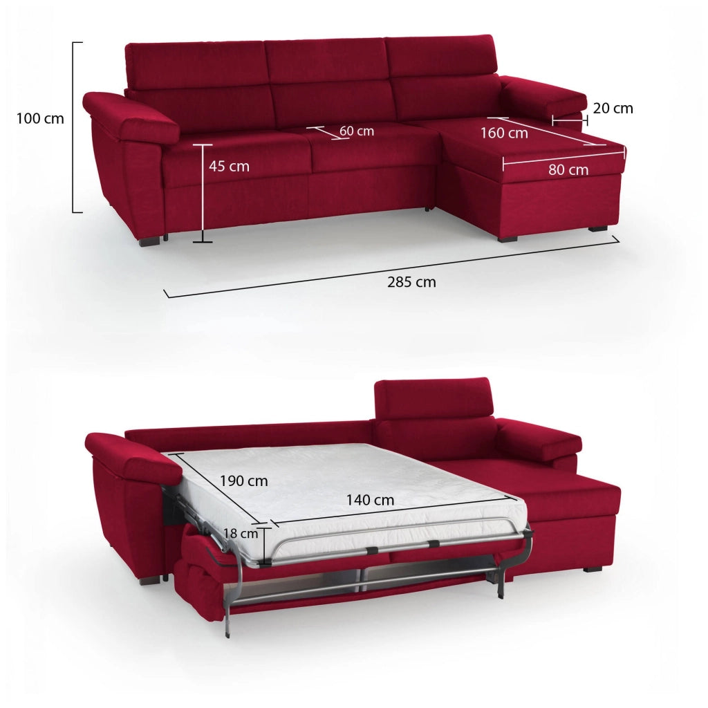 Tolle, Divano Letto con Penisola Sfoderabile Made in Italy, 285x160 cm Rosso