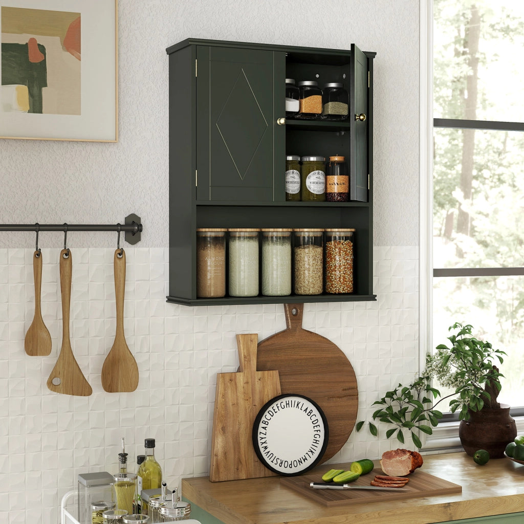 Armadietto muro bagno medico 2 ante ripiano aperto regolabile, Armadietto organizer salvaspazio sopra water lavanderia cucina Verde