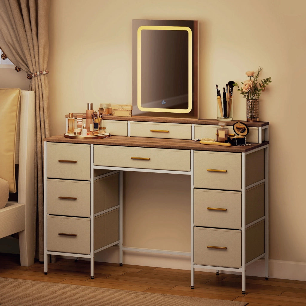 Toilette con specchio LED 3 colori ¨C Xylo ¨C 10 cassetti tessuto 118,5x39,5x140cm naturale