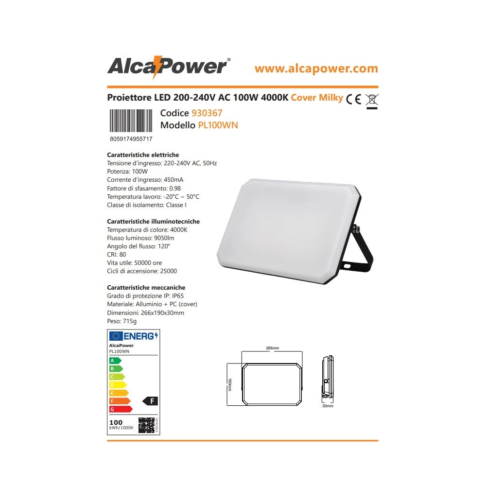 Alca power proiettore led 220-240v da 100w 4000k luce diurna