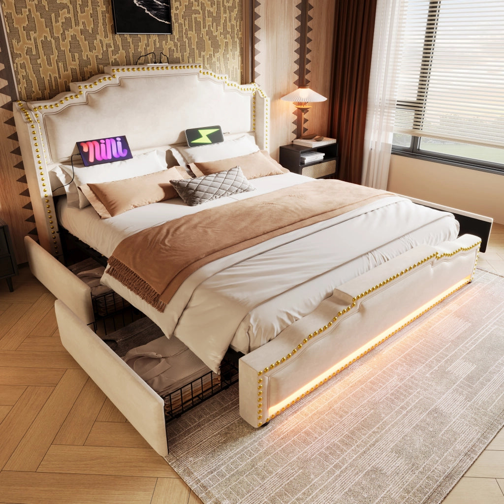 LETTO Contenitore 140x200 cm Beige in velluto con LED, USB e 4 cassetti