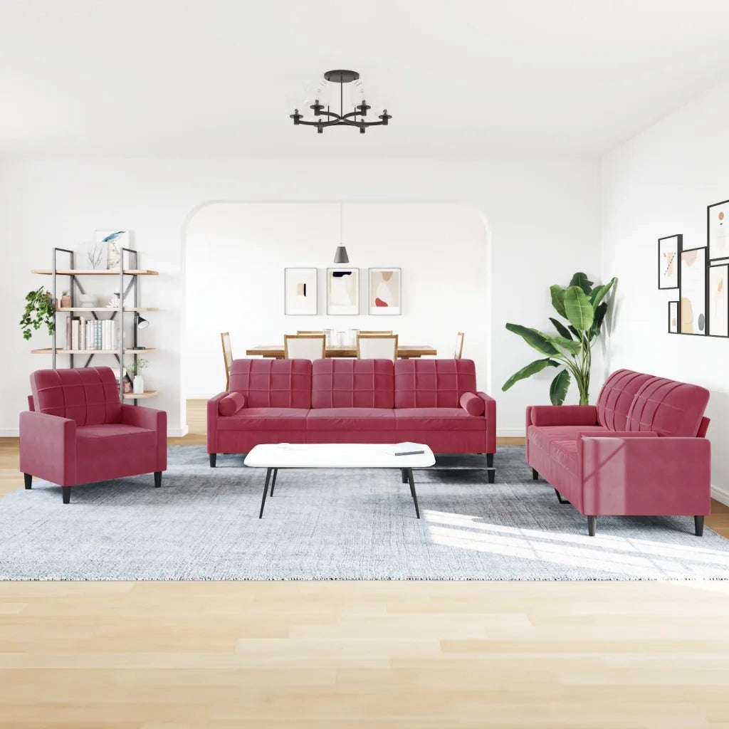 Set di Divani 3 pz con Cuscini e Rinforzi Rosso Vino in Velluto