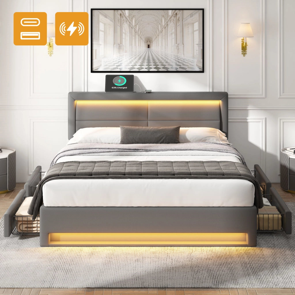 LETTO imbottito 140x200 cm PU grigio con USB, LED e 4 cassetti