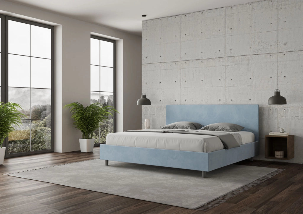 BS COM Letto matrimoniale king size contenitore imbottito 200x200 microfibra azzurro