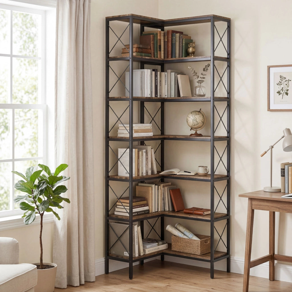 Libreria d'angolo a 6 livelli in metallo ¨C Minimal ¨C 60x60x200 cm marrone rustico