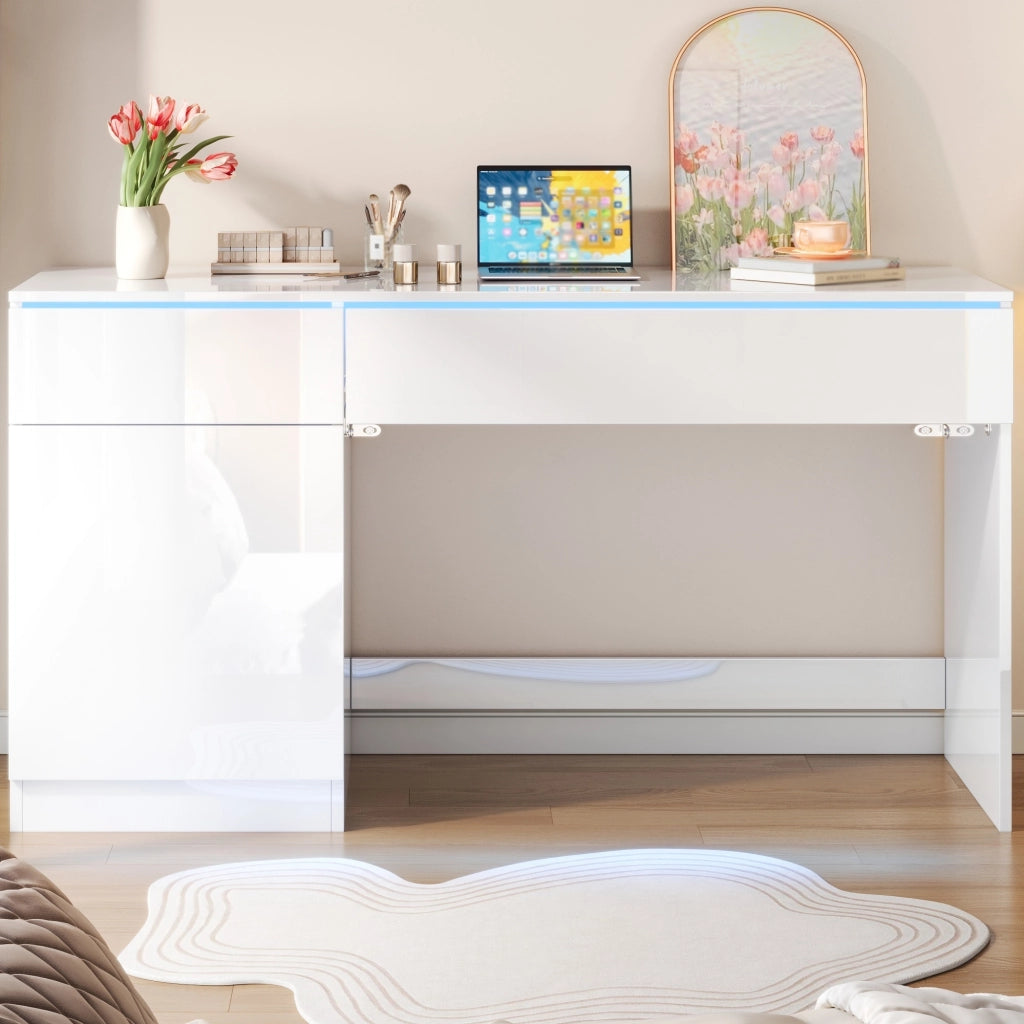 Scrivania lucida con LED, 2 cassetti e 1 vano, per studio e camera da letto, 120 × 50 × 78 cm