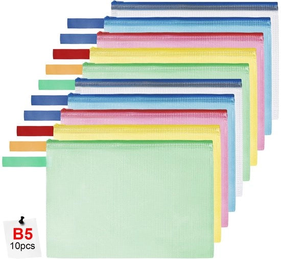 Documenti B5, 10-pack tas acqua resistente con cerniera, tas di plastica trasparente con cerniera, documenti per scuola, casa, ufficio, viaggi, cosmetici, 5 colori