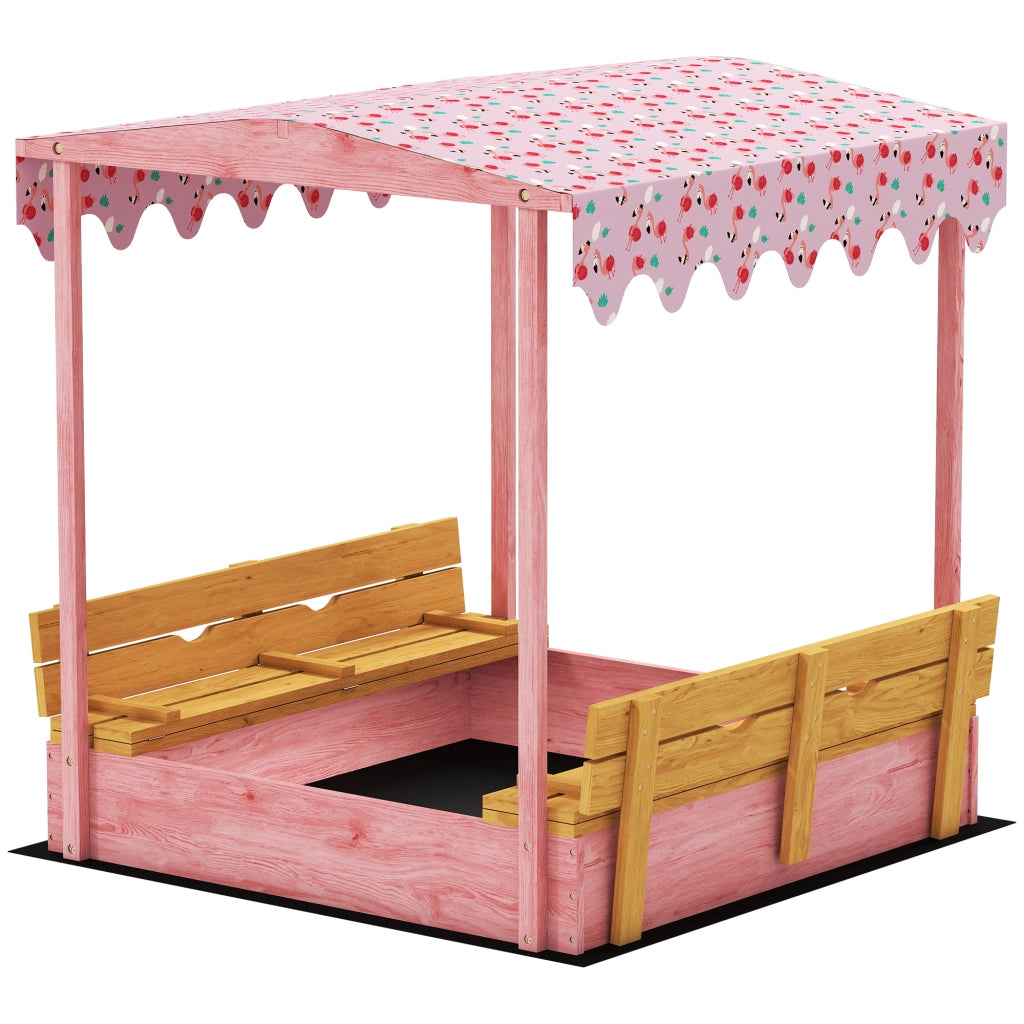 Sabbiera per Bambini 3-6 Anni con Tettuccio Fenicotteri, Sedute Pieghevoli, Coperchio e Fodera Inclusa, Sabbionaia per Bambini in Legno di Abete, 134.5x127.5x130 cm, Rosa