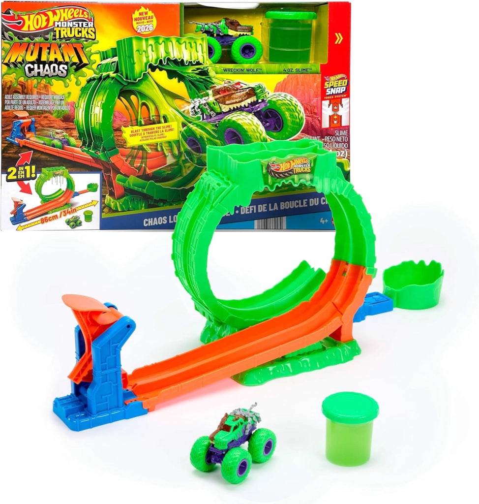 Hot Wheels Monster Trucks - Loop Caos Mutante, pista con anello traboccante di Slime, vasca di raccolta e lanciatore, ve