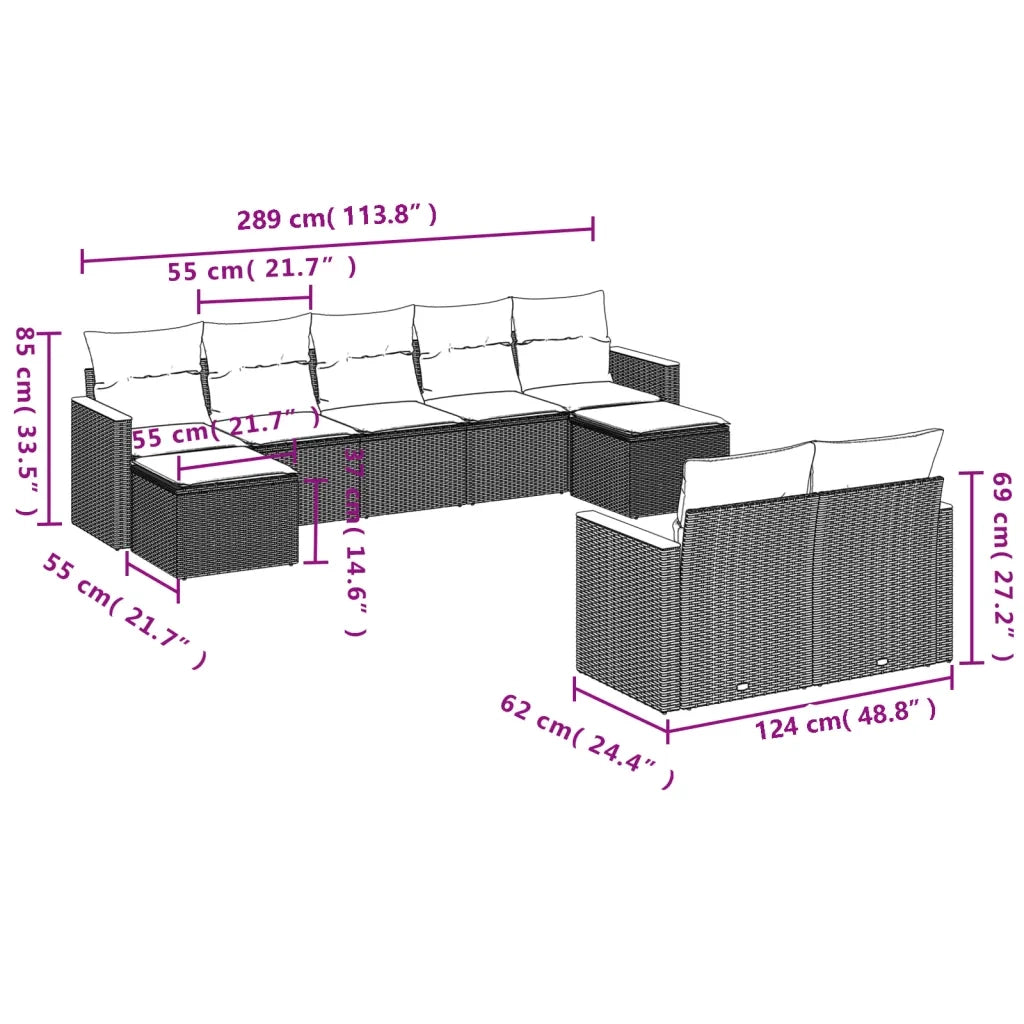 Set Divani da Giardino 9 pz con Cuscini Nero in Polyrattan 3226399