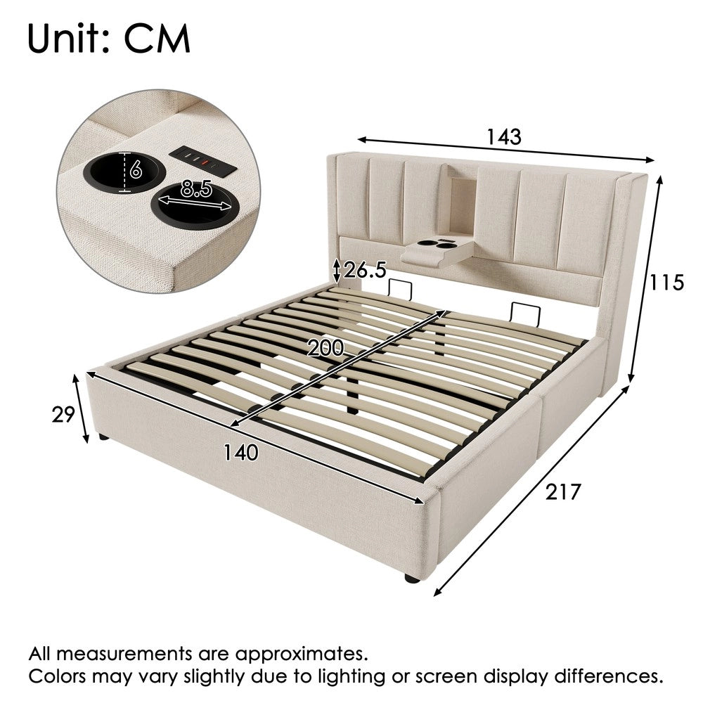 Letto Contenitore Imbottito 140x200 ¨C MINIMAL ¨C Idraulico, con Rete, Beige