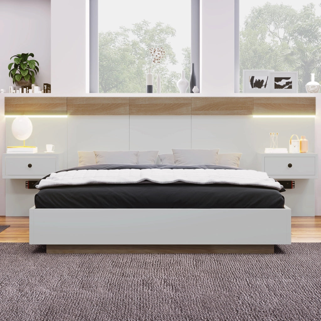 LETTO 140x200 cm con 2 comodini LED, USB/Tipo C, Bianco e Rovere Sonoma