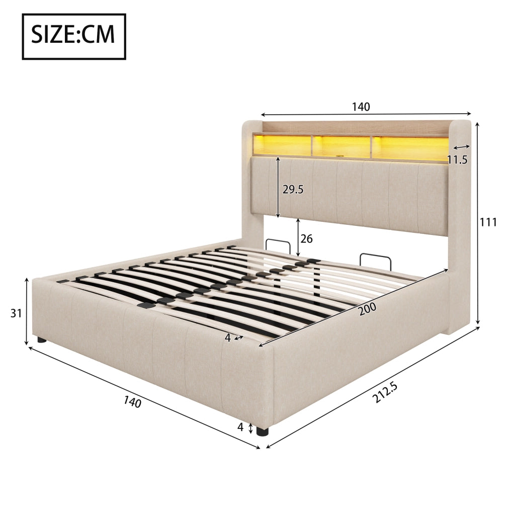 LETTO imbottito 140x200 cm Beige con LED, USB, porta Type-C e contenitore idraulico
