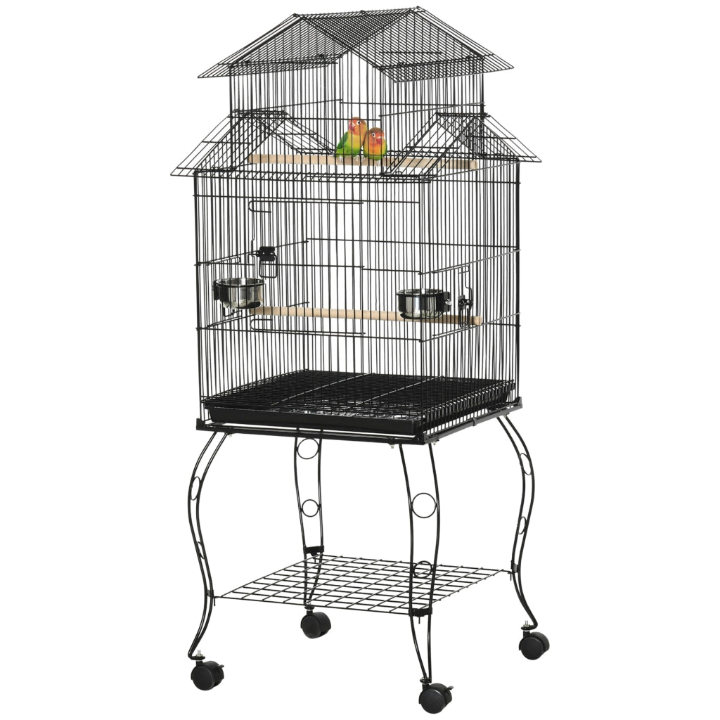 Gabbia per Uccelli da Interni in Legno con Vassoio, 4 Ruote e Trespolo, 50x49x137cm