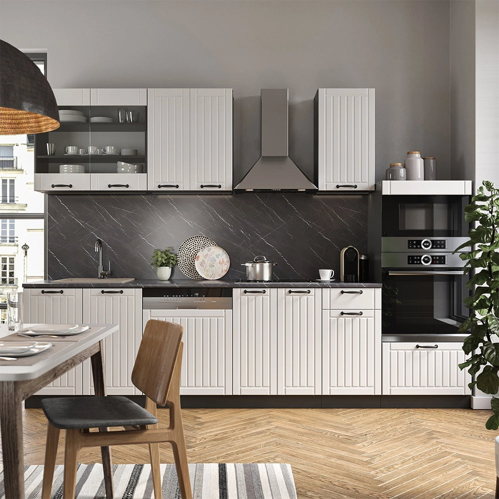 Cucina componibile Fame-Line Bianco rustico/Antracite 300 cm con armadio alto, senza piano di lavoro Vicco