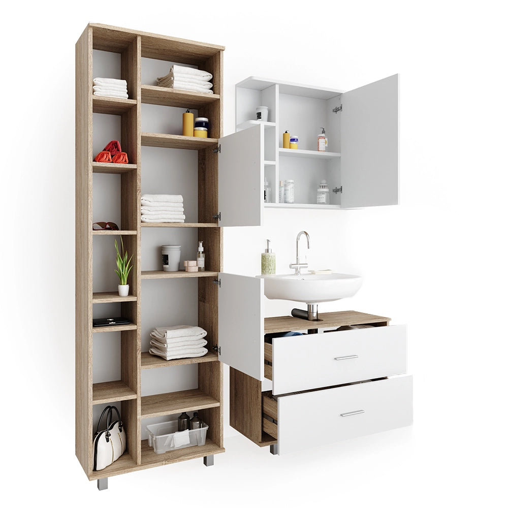 Vicco Set mobili bagno Bianco/Sonoma 3 pezzi, con base 80 cm