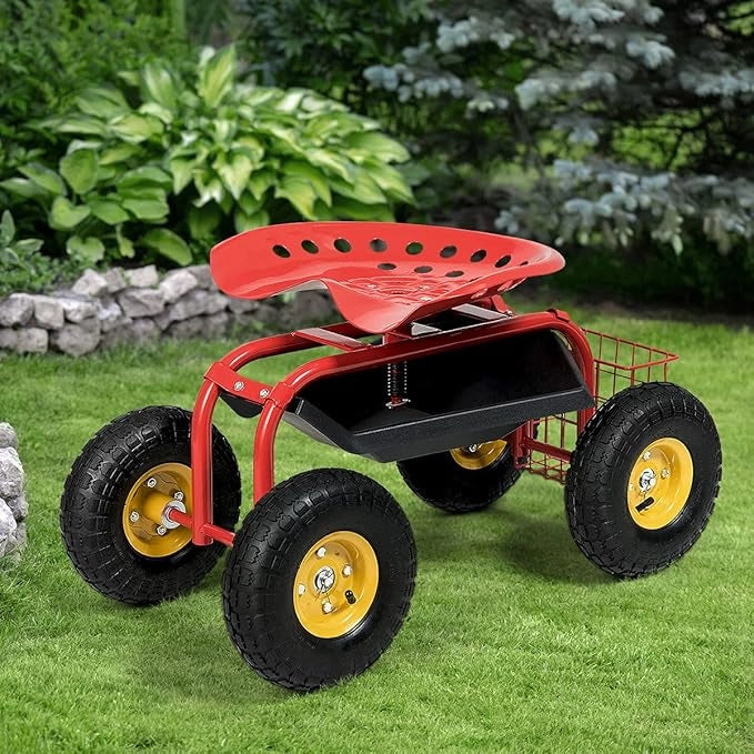 Sgabello da Giardino, Sgabello per Giardinaggio con Ruote, Sedile Regolabile in Altezza e Girevole a 360°, Cestello e Vassoio, Carrello per Prato e Giardino, Portata 150 kg(Rosso)