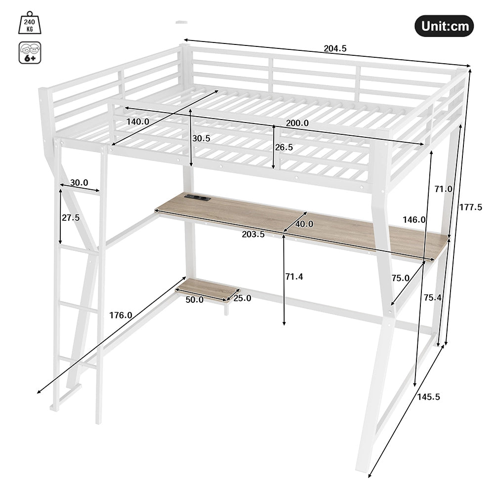 Letto a soppalco - Xylo - 140x200 cm bianco LED con USB