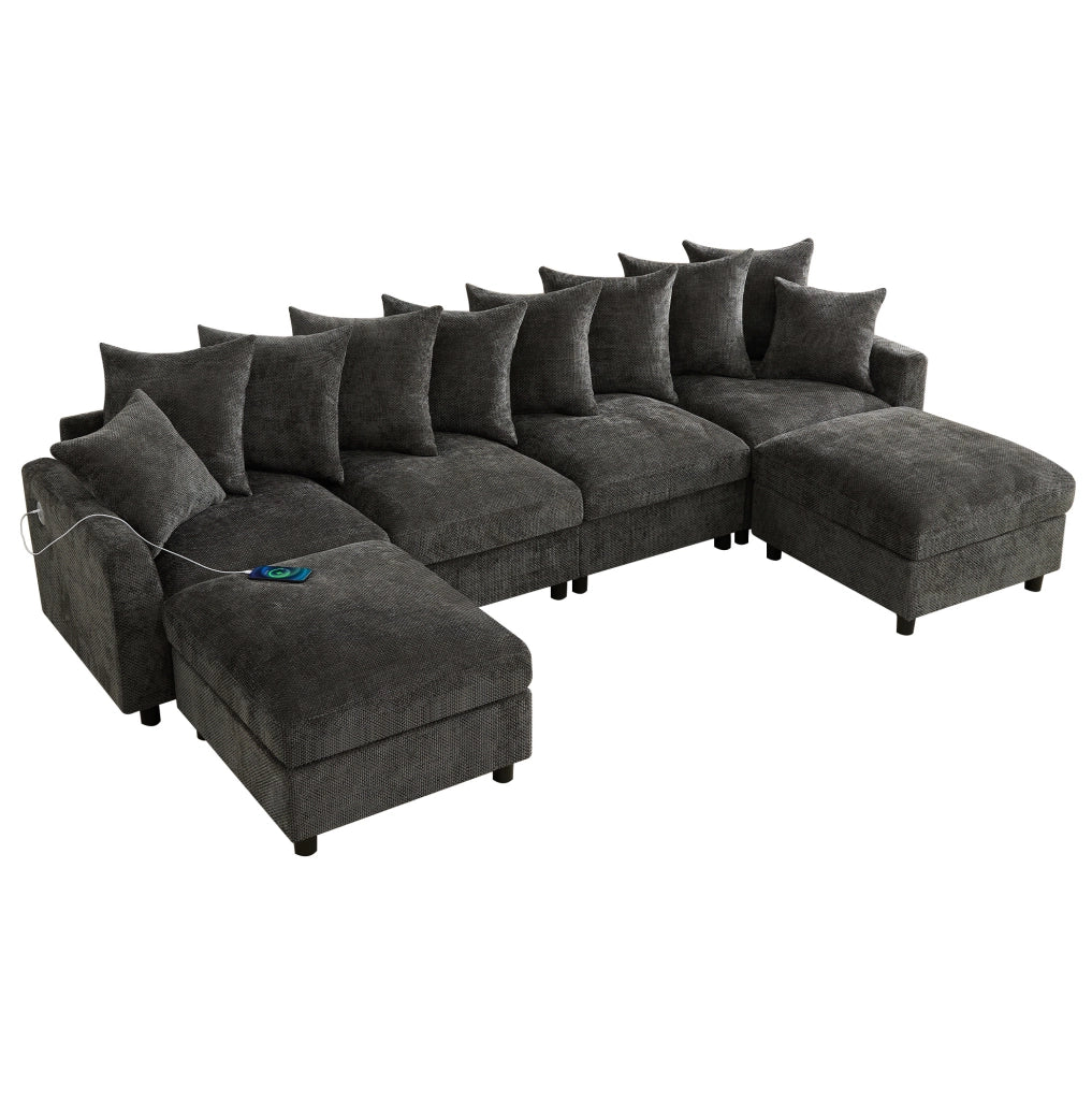 Divano modulare angolare U/L a 6 posti con 2 pouf; USB e Type-C; 283 cm; chenille grigio