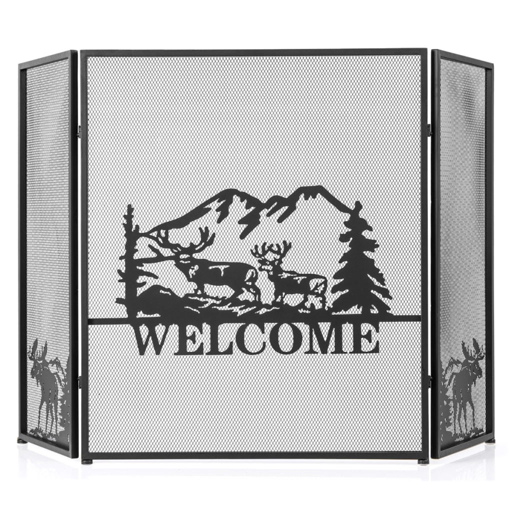 Parascintille per camino 132x79cm in metallo, Paraschizzi camino a 3 pannelli con motivo di alci e montagne Nero-Accessori caminetti e stufe a legna