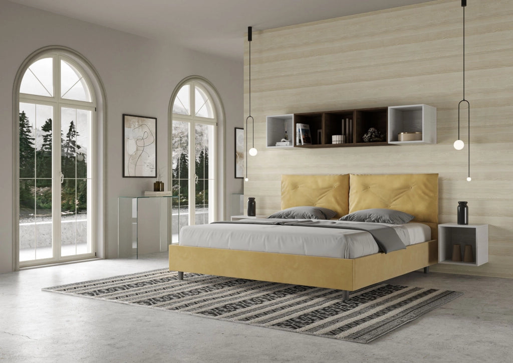 BS COM Letto matrimoniale king size con rete imbottito 190x200 microfibra ocra Large