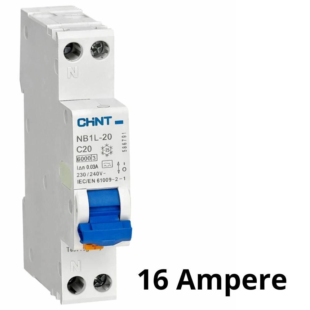 Interruttore magnetotermico differenziale 1p+n 30ma tipo a 6ka chint nb1l-20 slim *** ampere 16 ampere, confezione 1