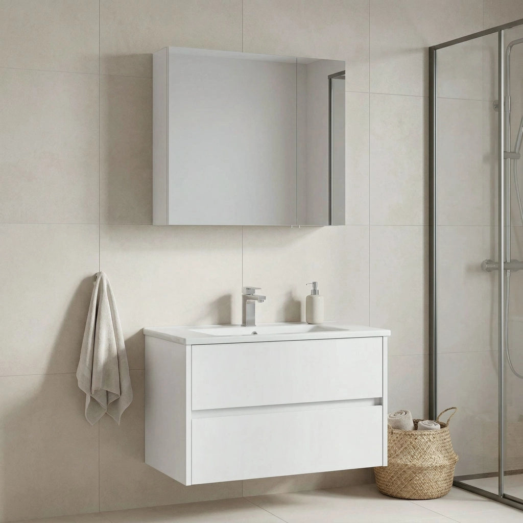 Set mobile lavabo con specchio (2 pezzi) "Side 85 v2" - 85 x 45 x 52 cm - Bianco opaco