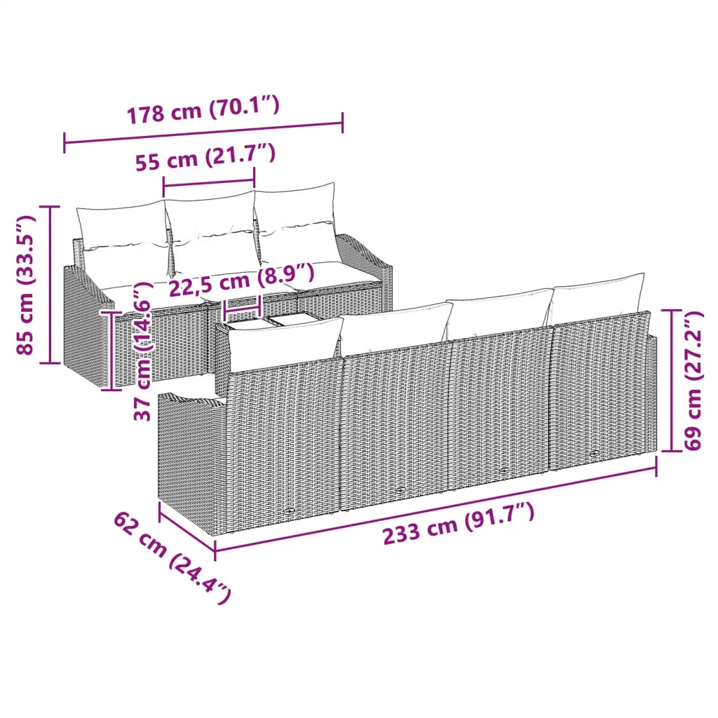 Set di divani 8 pz 3-Numero di posti Marrone e Rosso polyrattan 3346634