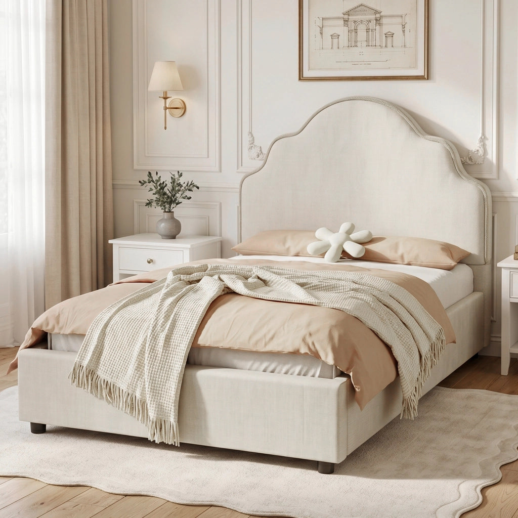 LETTO imbottito per bambini 90x200 cm beige in lino con rete inclusa