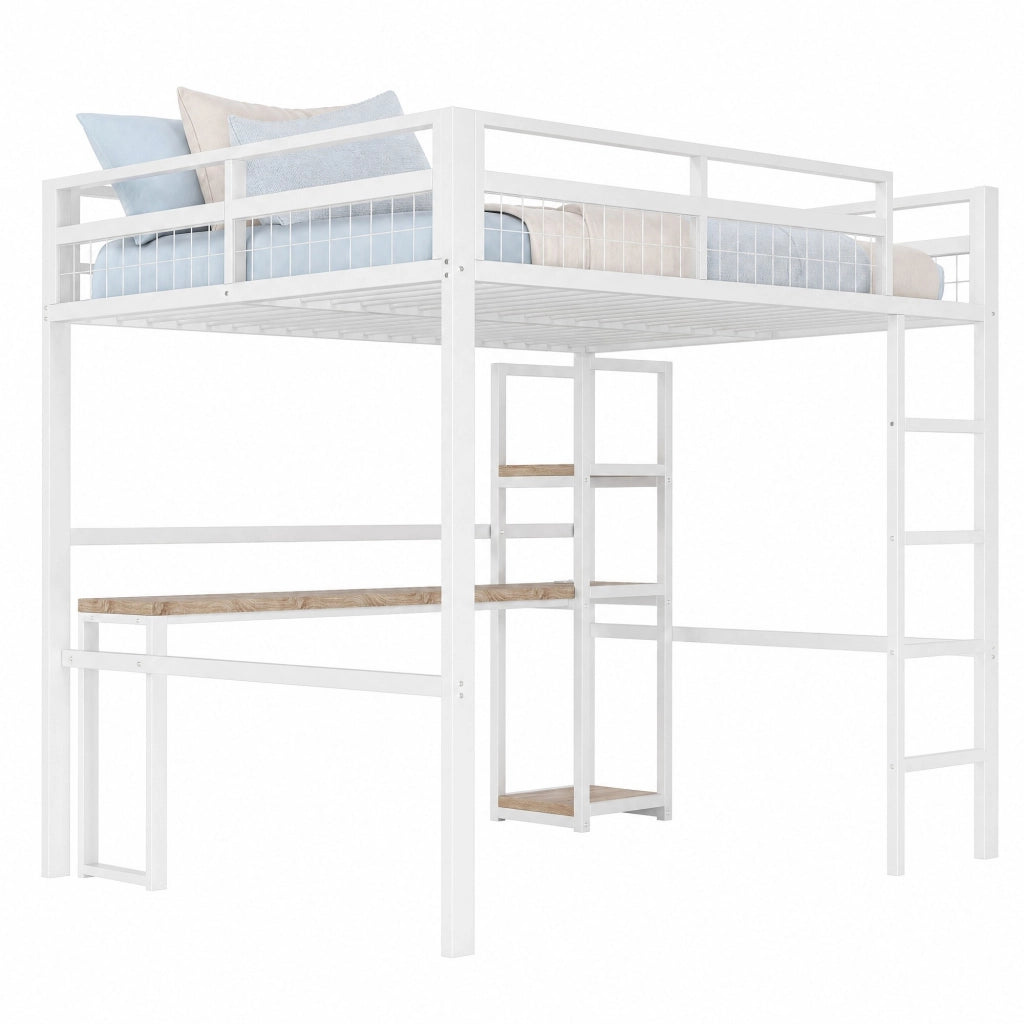 Letto a soppalco 140x200 cm con scrivania, ripiani e prese USB Type-C