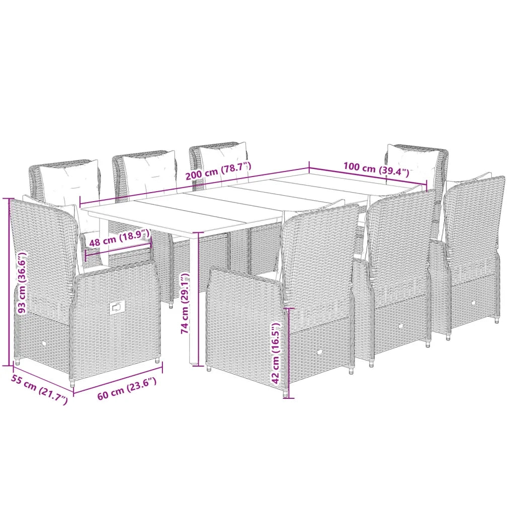 Set Pranzo da Giardino 9pz con Cuscini Grigio Chiaro Polyrattan 3262909