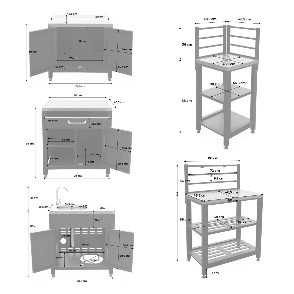 Modulo cucina da esterno con barbecue a gas 4 bruciatori, 5 moduli ,
