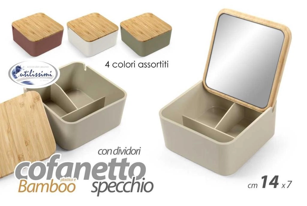 1 Pezzo Contenitore con Specchio in Plastica e Bamboo 14 x 7 cm 4 Colori